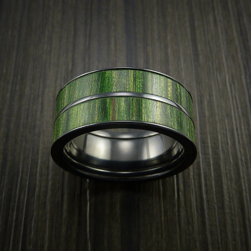 Wood Ring and BLACK Titanium Ring inlaid with Jade Wood Custom Made to Any Size