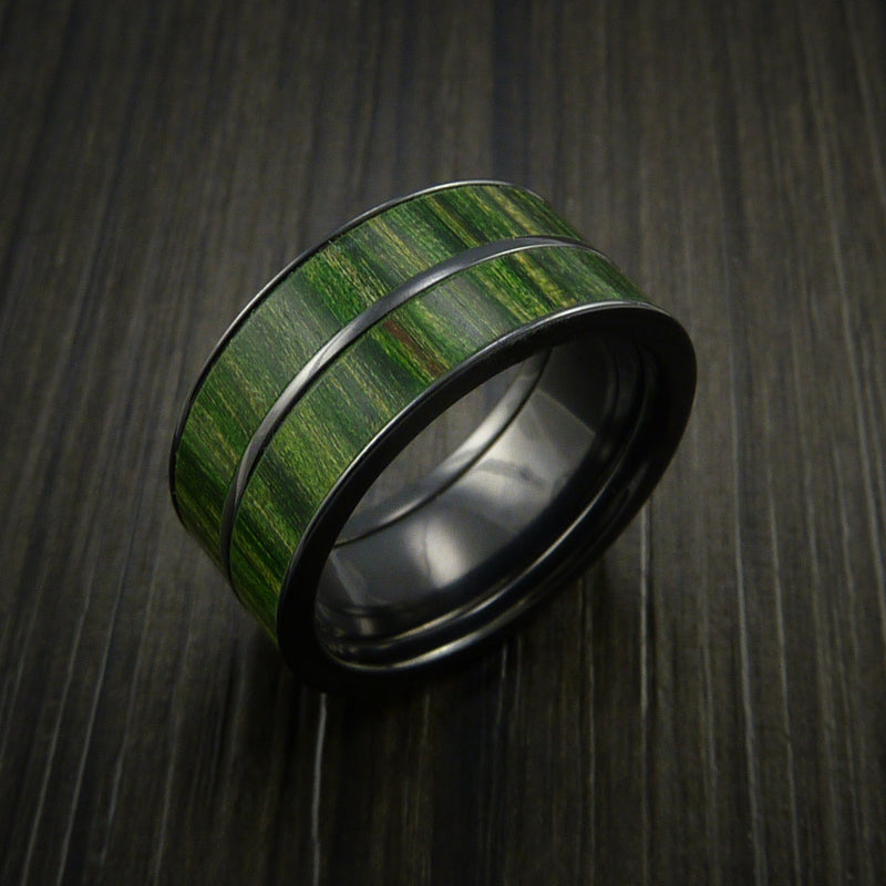 Wood Ring and BLACK ZIRCONIUM Ring inlaid with Jade Wood Custom Made to Any Size