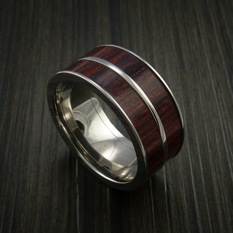 Wood Ring and Titanium Ring inlaid in Red Heart Wood Custom Made to Any Size and Optional Wood Types