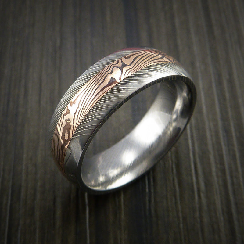 Damascus and 14k ROSE GOLD Mokume Gane Ring Custom Made