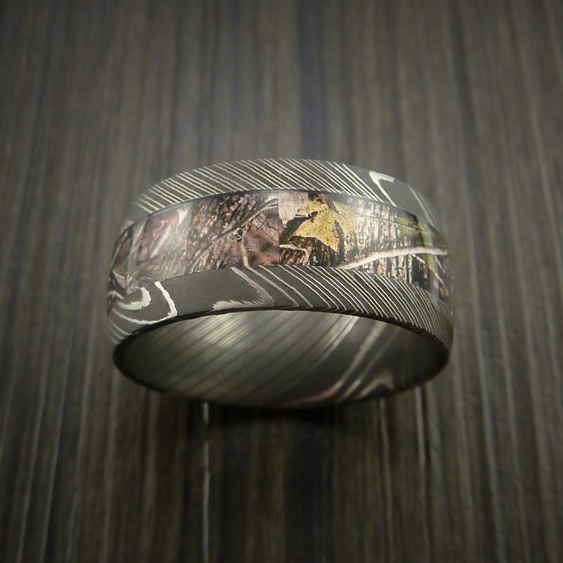 King's Camo WOODLAND SHADOW and Damascus Steel Ring Traditional Style Band Made Custom