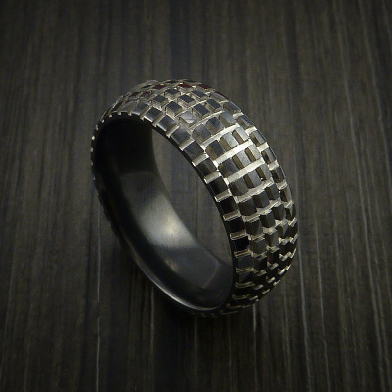 Black Zirconium Carved Tread Design Ring Bold Unique Band Custom Made to Any Sizing 4-22