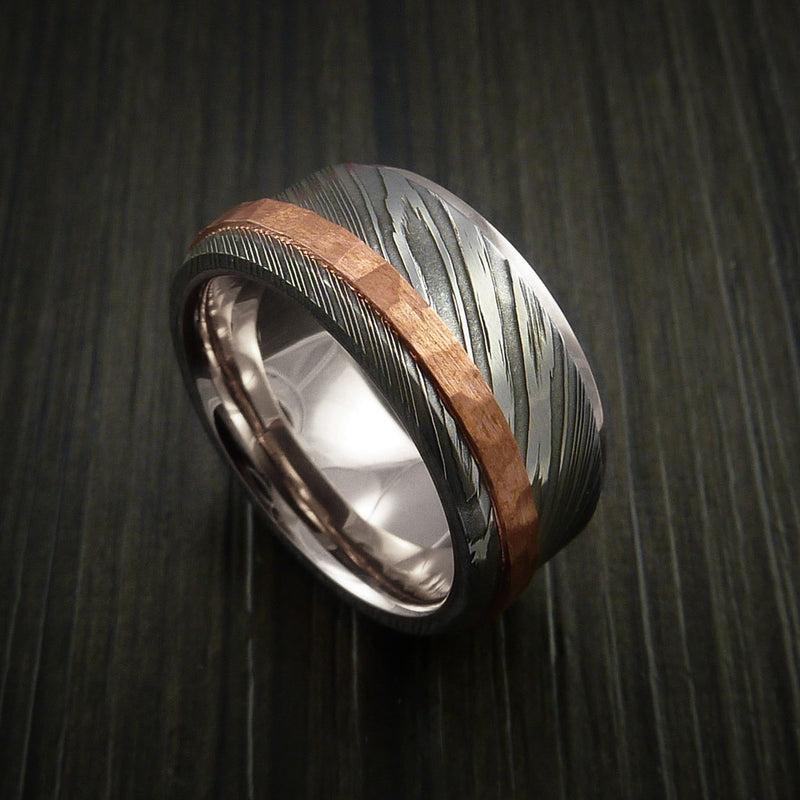 Damascus Steel 14K White Gold Ring Wedding Band with Hammered Copper Inlay