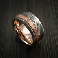 Damascus Steel 14K Rose Gold Ring Wedding Band with Hammered Copper Inlay