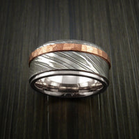 Damascus Steel 14K White Gold Ring Wedding Band with Hammered Copper Inlay