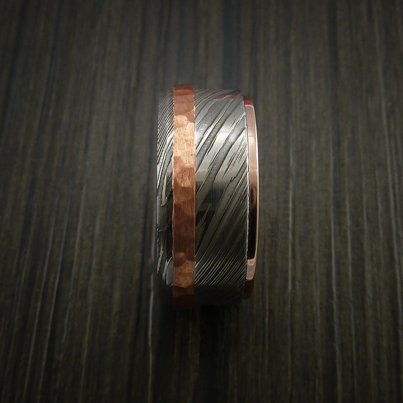 Damascus Steel 14K Rose Gold Ring Wedding Band with Hammered Copper Inlay