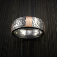 Damascus Steel Ring and 14k Rose Gold Stripe Pattern Wedding Band Zebra Look