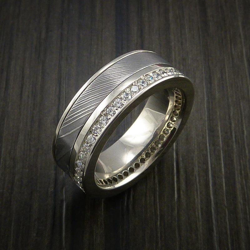 White Gold Eternity Band, Damascus Steel Ring with 30+ Beautiful Diamonds