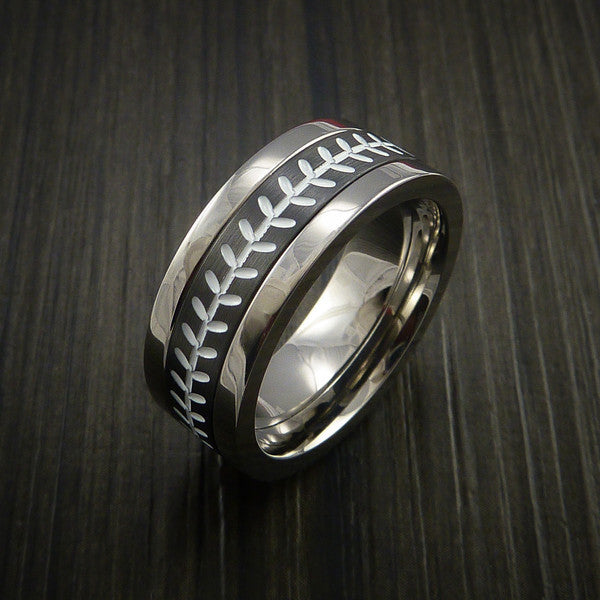 Unique Cobalt Chrome and Black Zirconium Baseball Ring with Strait Stitching