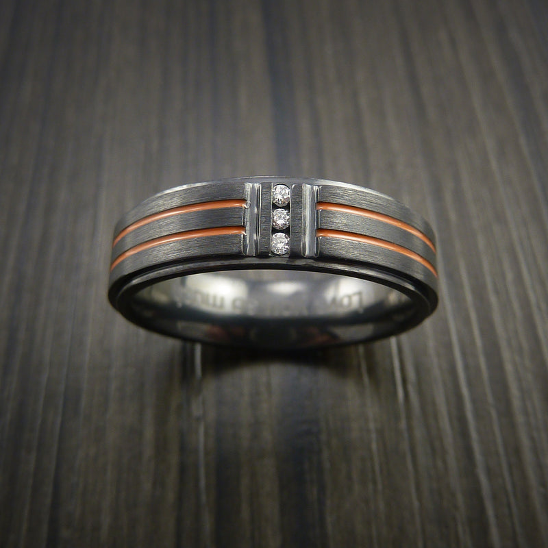Black ZIrconium and Three Diamond Ring with Color Inlay Made to Any Size
