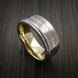 Damascus Steel 14K Yellow Gold Ring with Gold Sleeve Wedding Band Custom Made