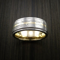 Damascus Steel 14K Yellow Gold Ring with Gold Sleeve Wedding Band Custom Made