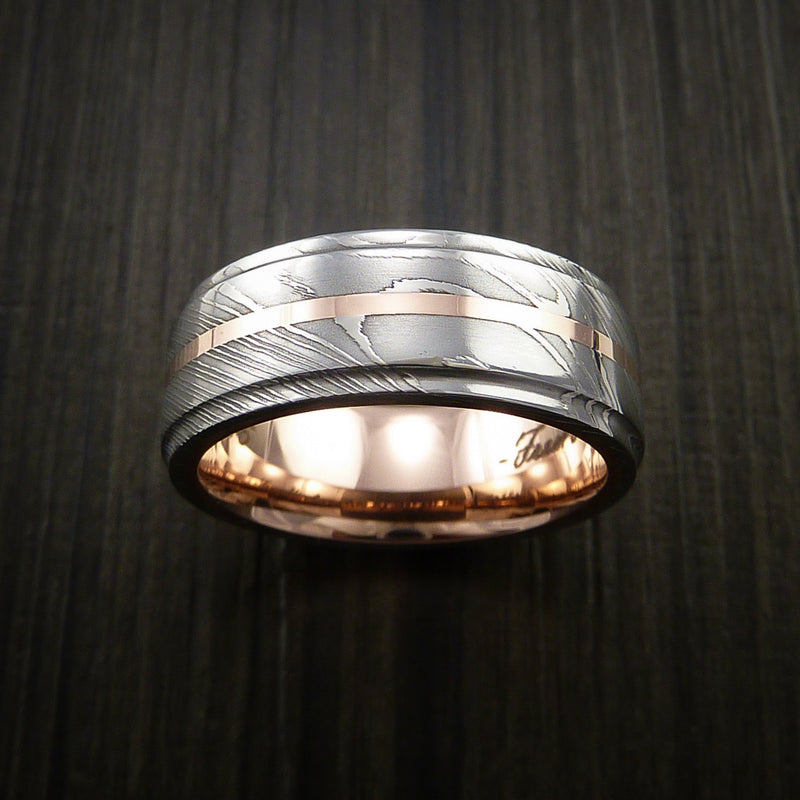 Damascus Steel 14K Rose Gold Ring with Gold Sleeve Wedding Band Custom Made