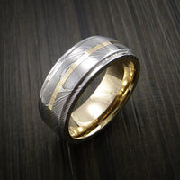 Damascus Steel 14K Yellow Gold Ring with Gold Sleeve Wedding Band Custom Made