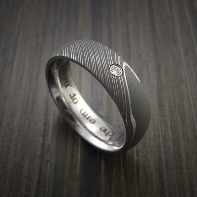 Damascus Steel Ring with Round Brilliant Moissanite Stone