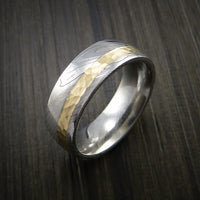 Damascus Steel 14K Yellow Gold Ring Wedding Band Custom Made Hammer Finish