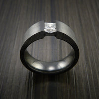 Black Titanium Ring Tension Setting Band with Princess Cut Moissanite