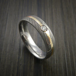 Damascus Steel Ring with 14K Yellow Gold Ring with Diamond Setting Band