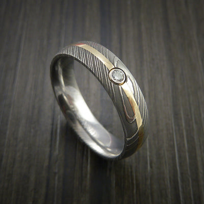 Damascus Steel Ring with 14K Yellow Gold Ring with Diamond Setting Band