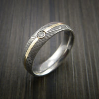 Damascus Steel Ring with 14K Yellow Gold Ring with Diamond Setting Band
