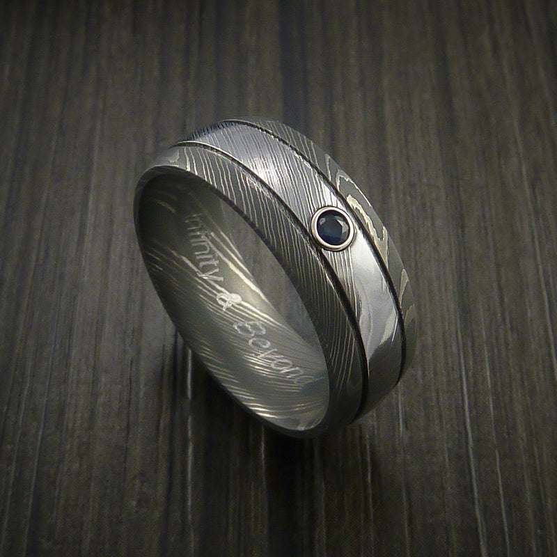 Damascus Steel Ring with Bezel Set Blue Sapphire Custom Made Band