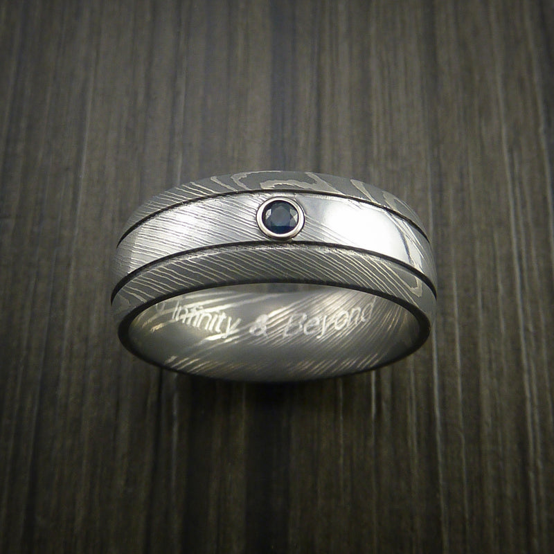 Damascus Steel Ring with Bezel Set Blue Sapphire Custom Made Band