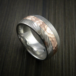 Damascus Steel 14K Rose Gold Ring Wedding Band Custom Made Hammer Finish