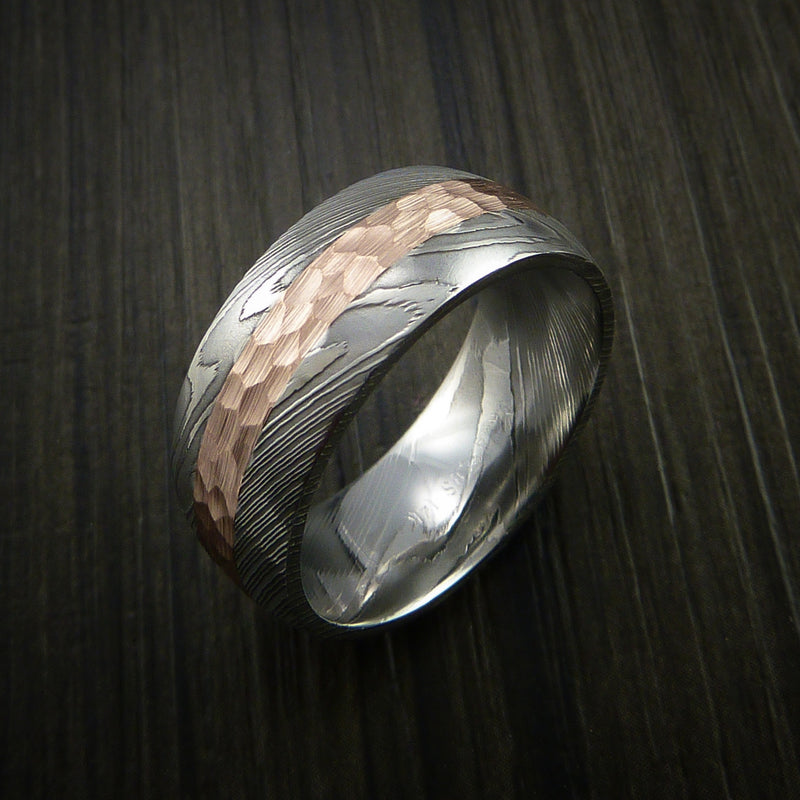 Damascus Steel 14K Rose Gold Ring Wedding Band Custom Made Hammer Finish