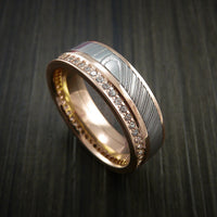 Rose Gold Eternity Band, Damascus Steel Ring with 30+ Moissanite Stones