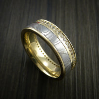 Yellow Gold Eternity Band, Damascus Steel Ring with 30+ Moissanite Stones
