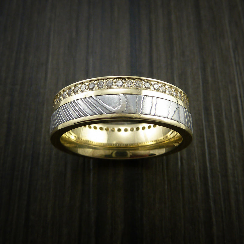 Yellow Gold Eternity Band, Damascus Steel Ring with 30+ Moissanite Stones