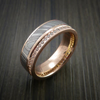 Rose Gold Eternity Band, Damascus Steel Ring with 30+ Moissanite Stones