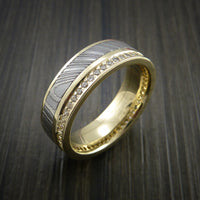 Yellow Gold Eternity Band, Damascus Steel Ring with 30+ Moissanite Stones