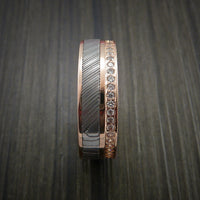 Rose Gold Eternity Band, Damascus Steel Ring with 30+ Moissanite Stones