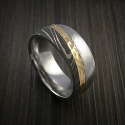 Damascus Steel Diagonal 14K Yellow Gold Ring Wedding Band Custom Made