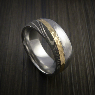 Damascus Steel Diagonal 14K Yellow Gold Ring Wedding Band Custom Made