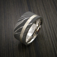 Wide Damascus Steel and Mokume Ring with 14k White Gold Sleeve Wedding Band Custom Made