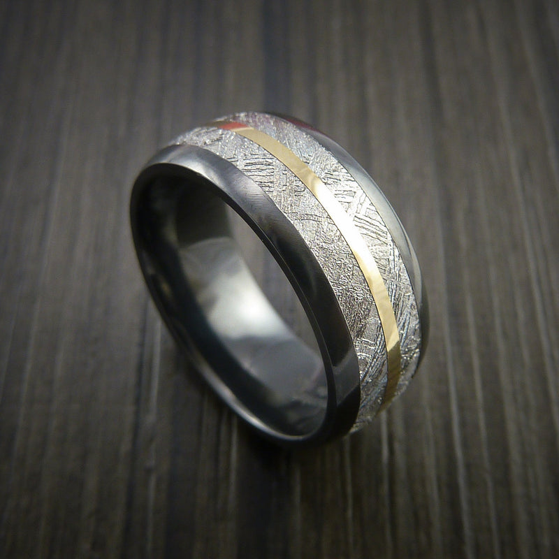 Gibeon Meteorite in Black Titanium Band with 14K Yellow Gold Ring