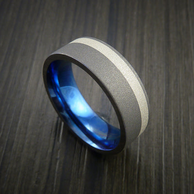 Titanium Ring with Silver Inlay Wedding Band Anodized Blue Inside Made to Any Size