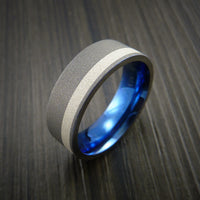 Titanium Ring with Silver Inlay Wedding Band Anodized Blue Inside Made to Any Size