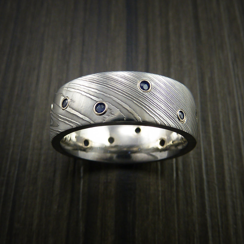 Damascus Steel Ring with Bezel Set Blue Sapphires Custom Band