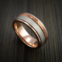 Damascus Steel 14K Gold Ring with Hammered Copper Inlay