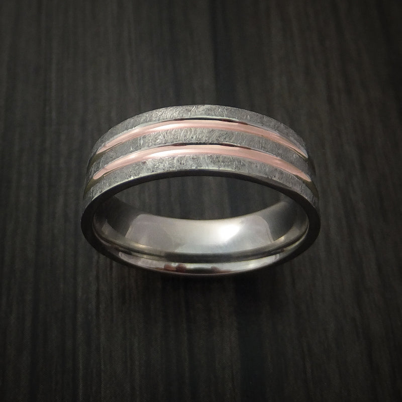 Cobalt Chrome Distressed Finish Band with Dual 14K Rose Gold Inlays