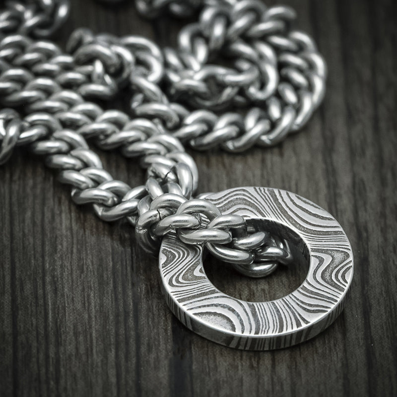 Kuro Damascus Steel and Round Pendant Necklace Custom Made