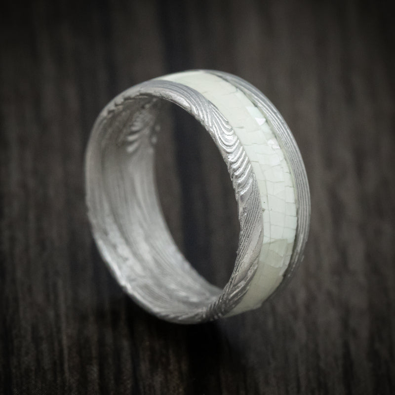 Sunset Damascus Steel Men's Ring with White Mother of Pearl Inlay Custom Made Band