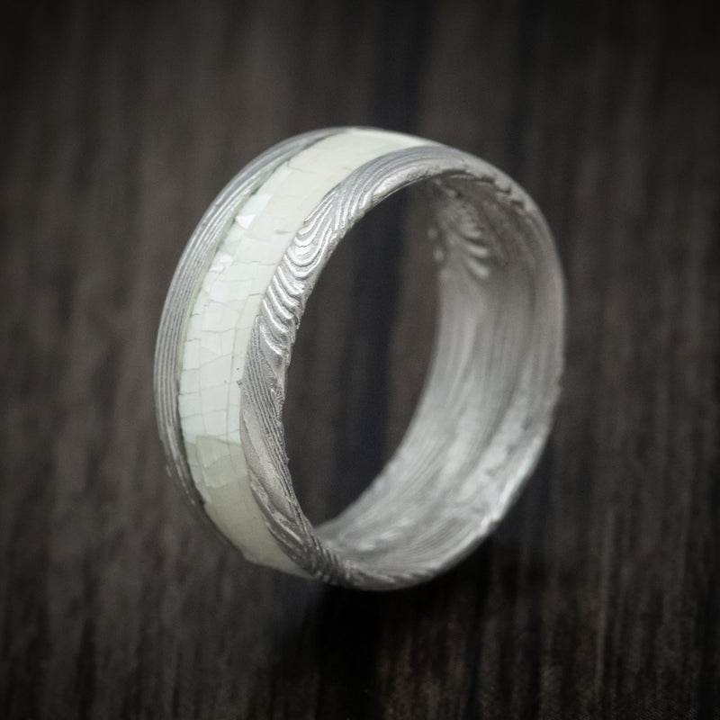 Sunset Damascus Steel Men's Ring with White Mother of Pearl Inlay Custom Made Band