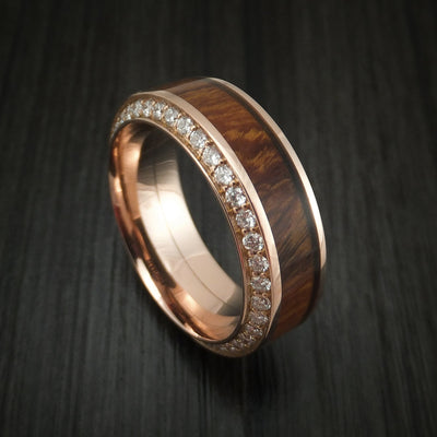 Rose Gold Men's Ring With Wood Inlay And Eternity Set Diamonds Custom Made Band