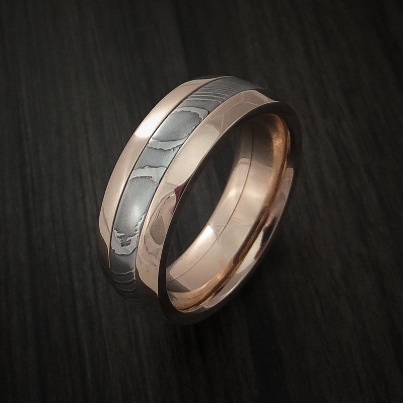 Damascus Steel 14K Rose Gold Ring Wedding Band Custom Made