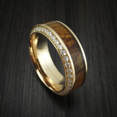 Yellow Gold Men's Ring With Wood Inlay And Eternity Set Diamonds Custom Made Band